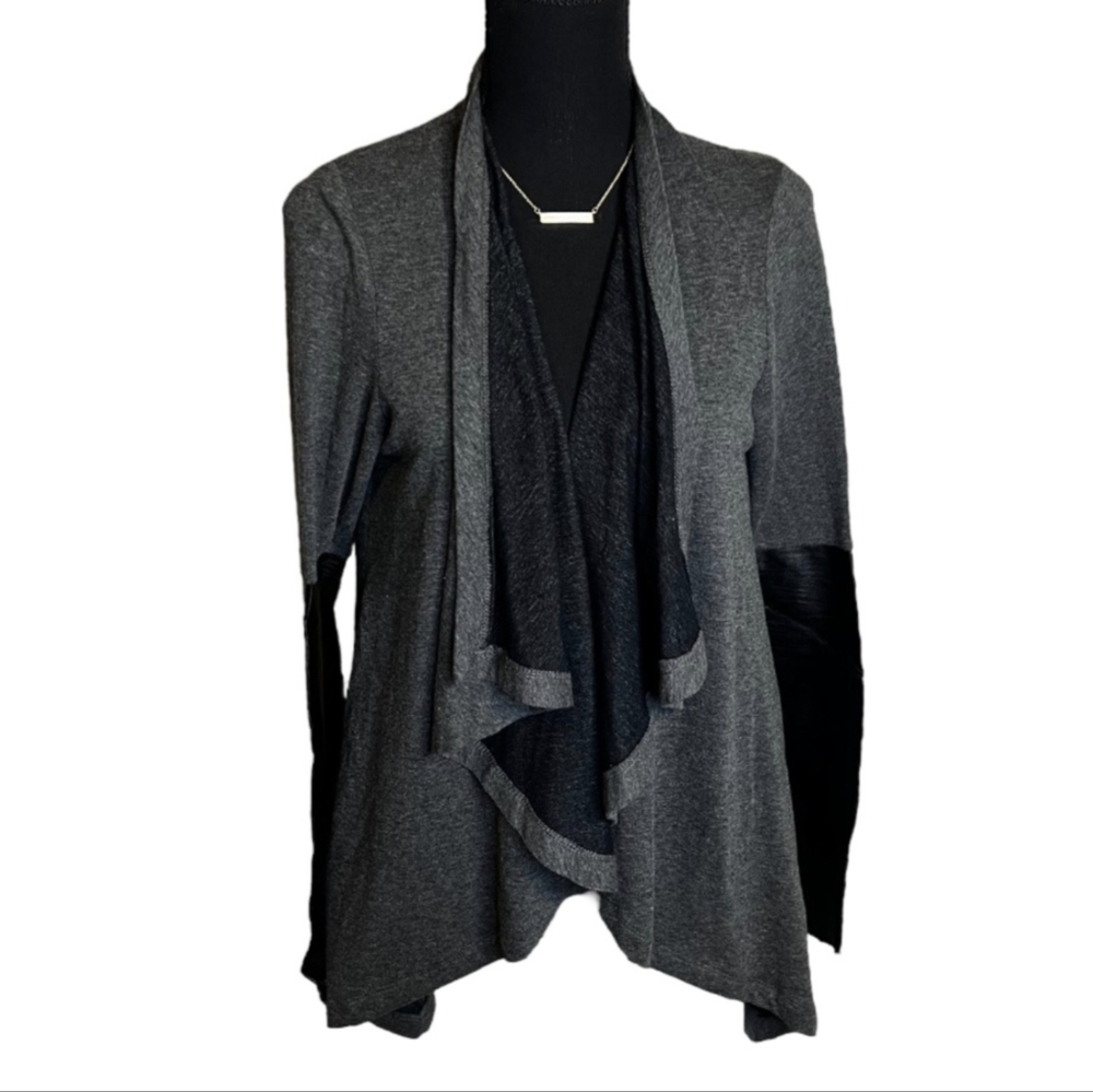 Bordeaux faux leather sleeve cropped open front cardigan